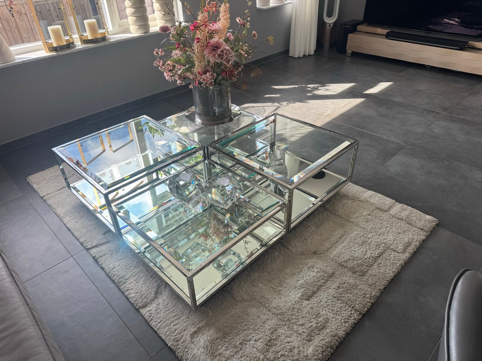 Eichholtz Tortona Salontafel Zilver 4 Sets, Huis en Inrichting, Ophalen, Zo goed als nieuw, Vierkant, Glas