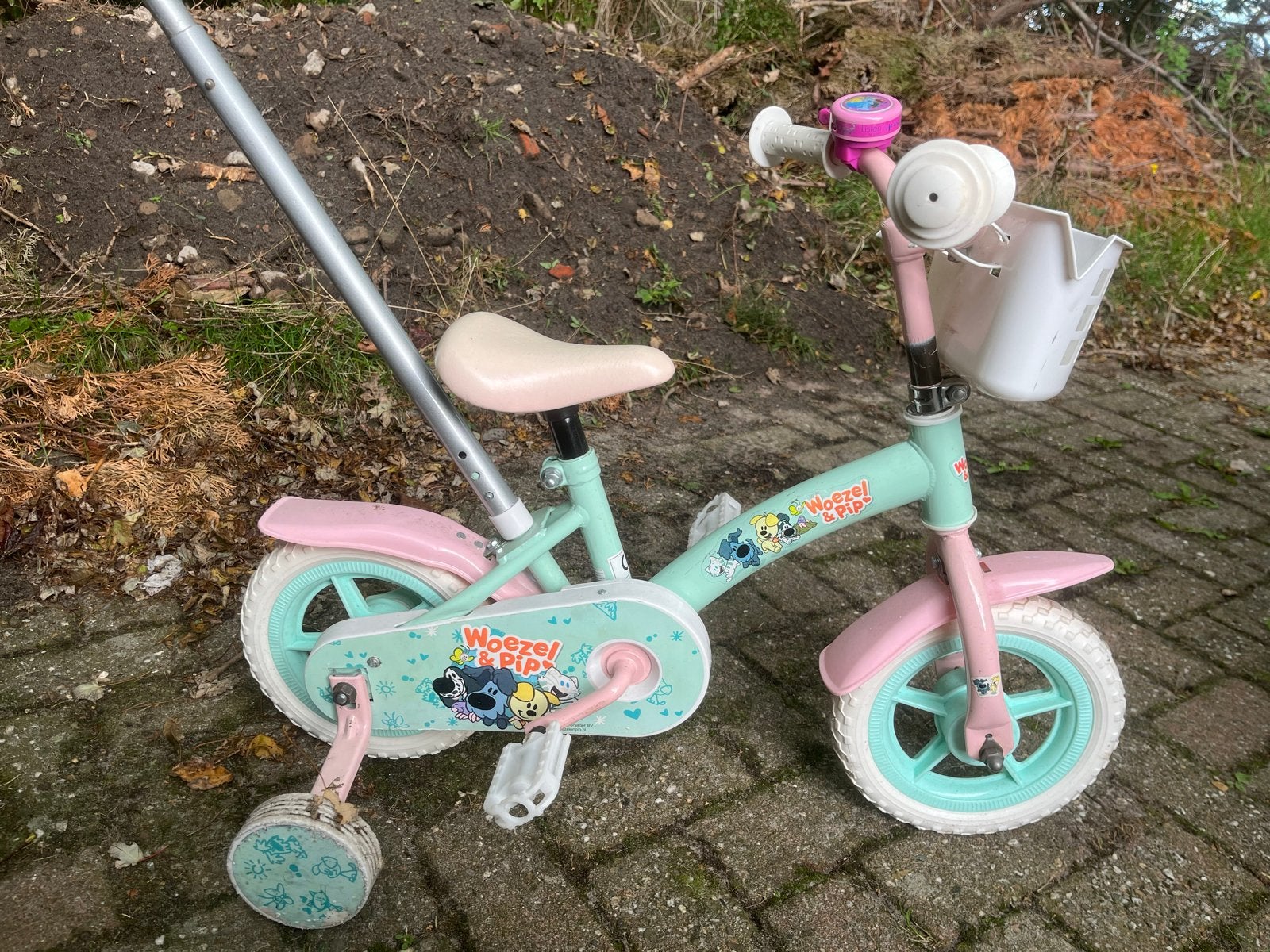Woezel en Pip kinderfiets met duwstang en zijwieltjes, Ophalen, Terugtraprem, Zijwieltjes, Gebruikt