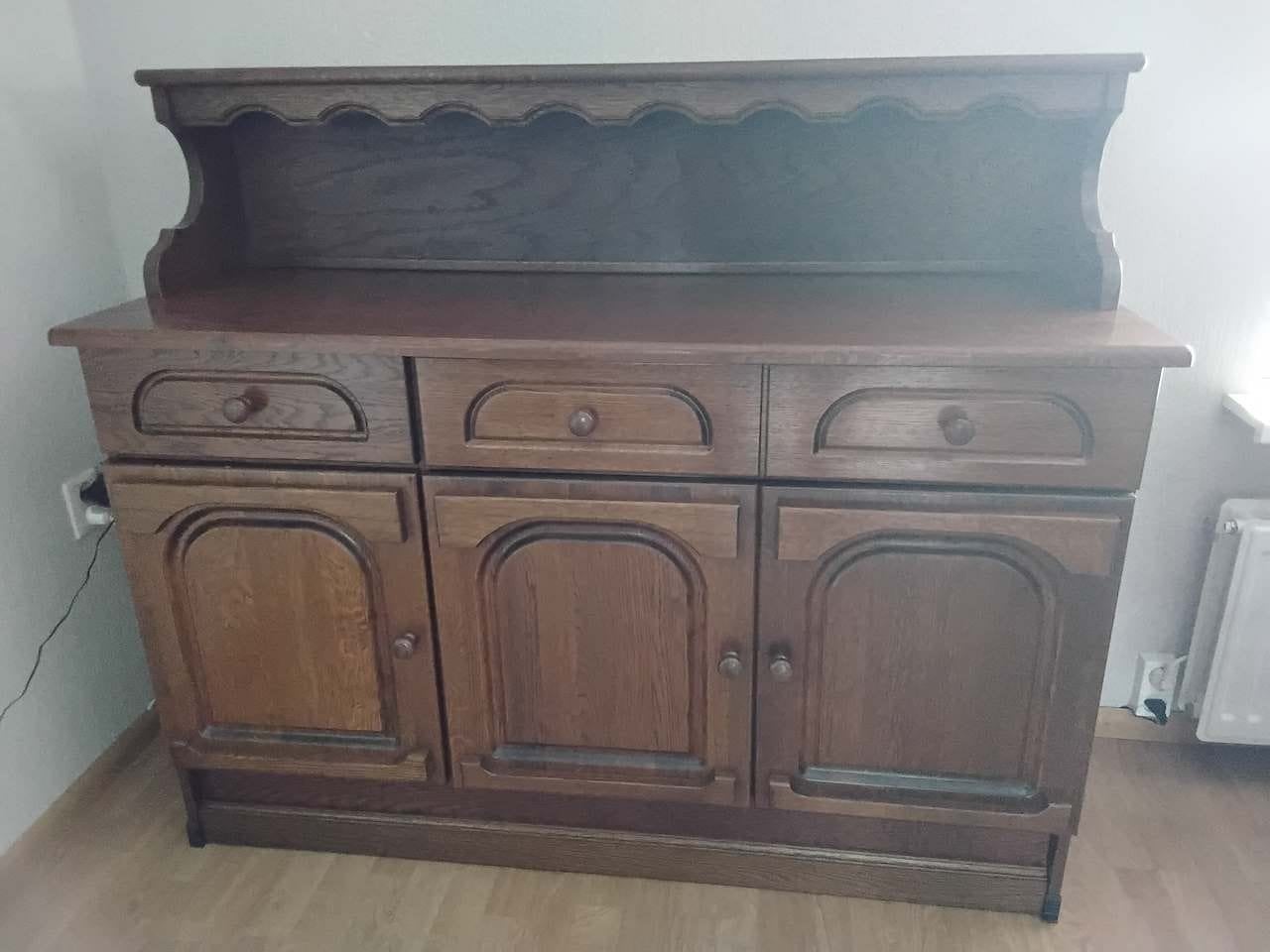 Donker eiken dressoir met los bovenstuk en 2 lades, Ophalen, Gebruikt, Eikenhout, 25 tot 50 cm