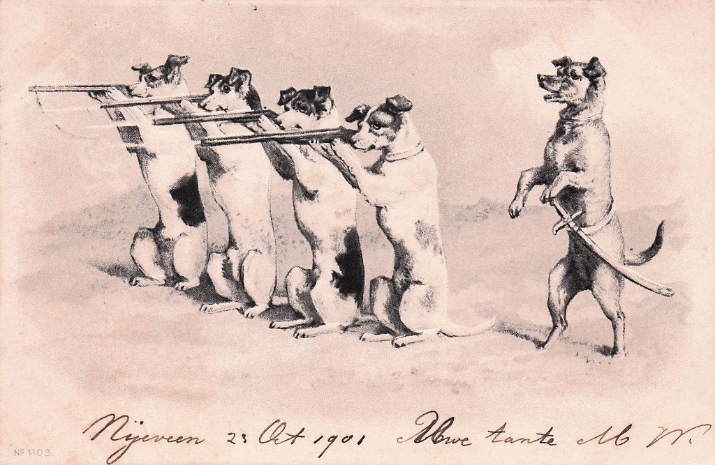 Honden met geweren met reliëf - no. 1104 PRACHTIG gel. 1901!, Verzamelen, Ophalen of Verzenden, Voor 1920, Gelopen, Overige thema's