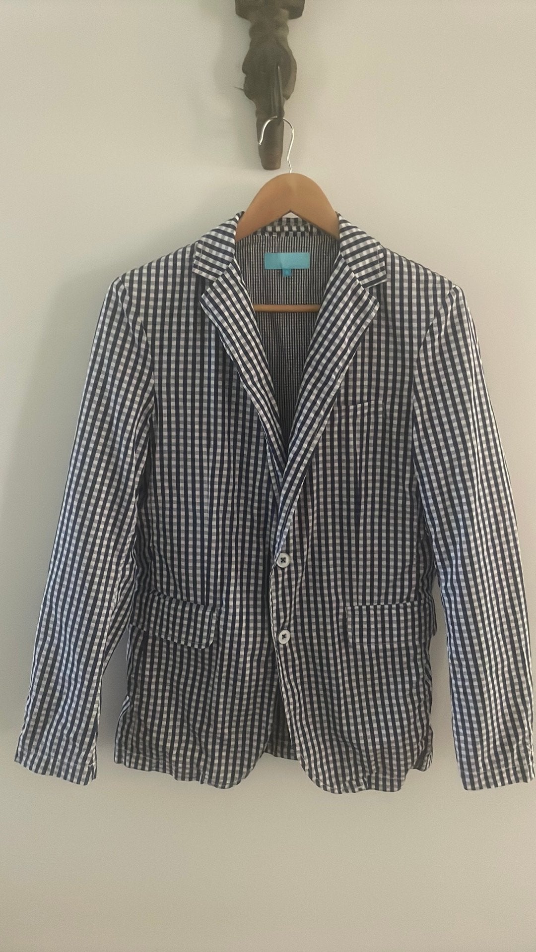 Zgan blauw/wit geruite British Indigo blazer/colbert, Ophalen of Verzenden, Zo goed als nieuw, Maat 48/50 (M), Blauw