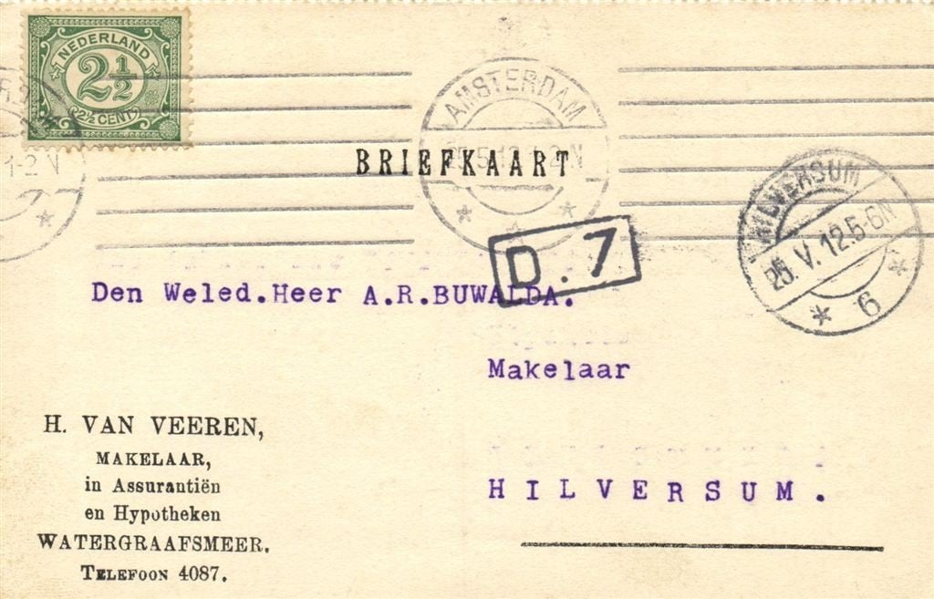 H. van Veeren, Watergraafsmeer - 05.1912 - briefkaart, Ophalen of Verzenden, Briefkaart