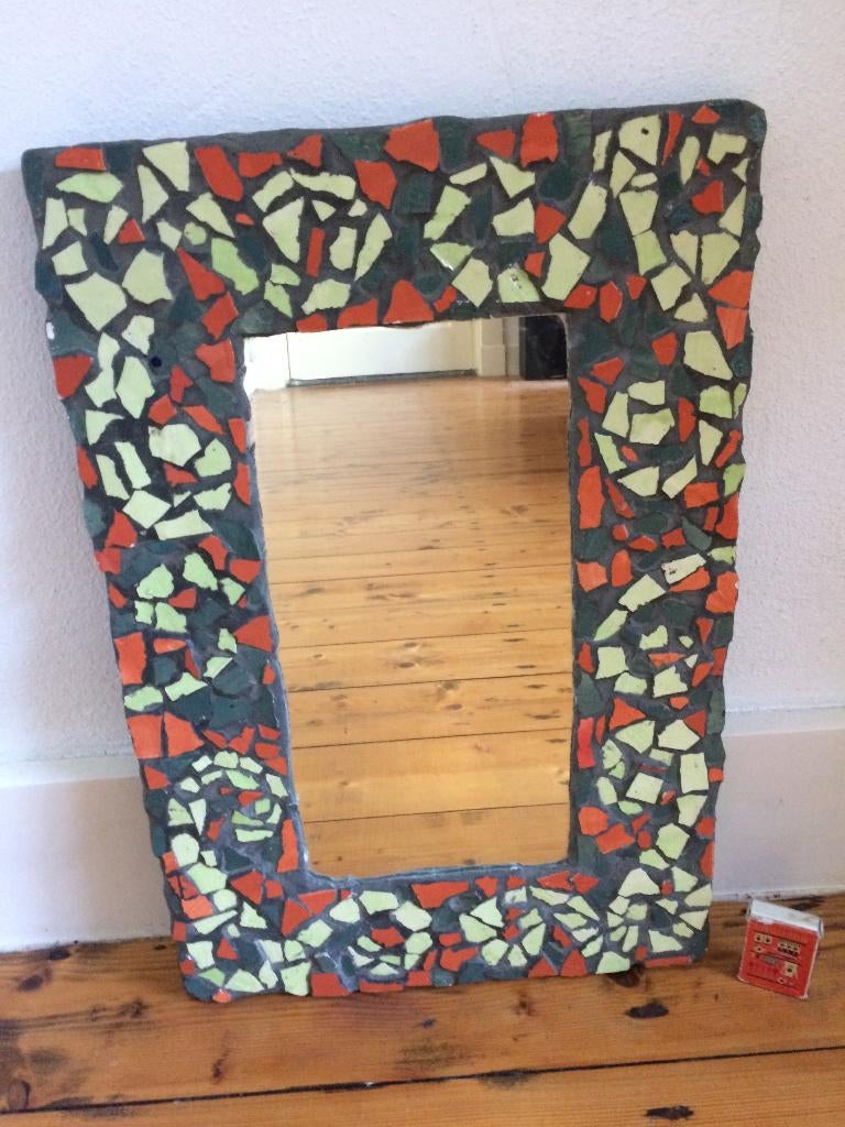 Klein mozaïek steentjes pastelgroen rood oranje spiegeltje, Huis en Inrichting, Minder dan 50 cm, Gebruikt, Ophalen of Verzenden