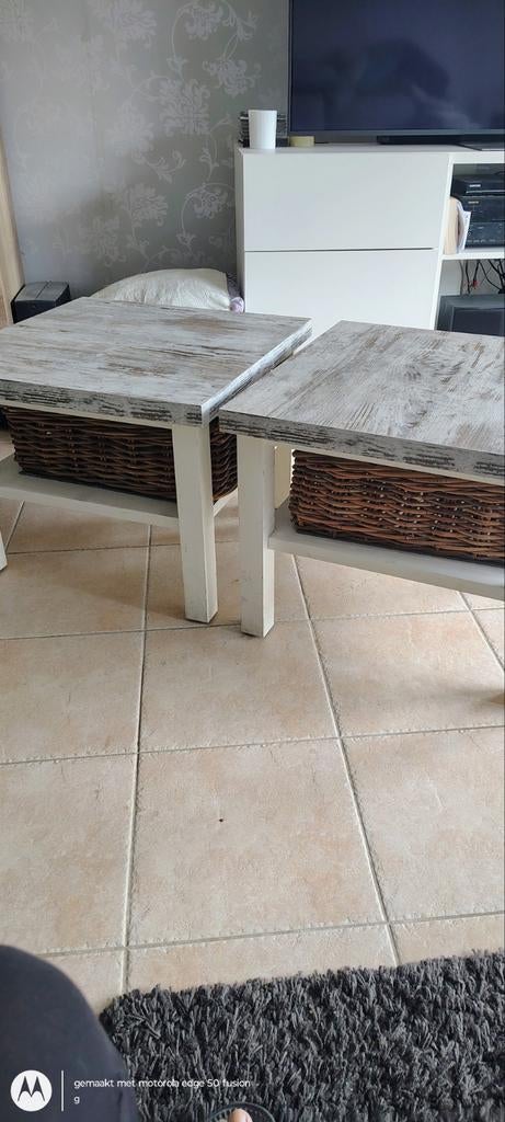 2 salontafeltjes met rieten mand, 50 tot 100 cm, 50 tot 75 cm, Vierkant, 50 tot 100 cm