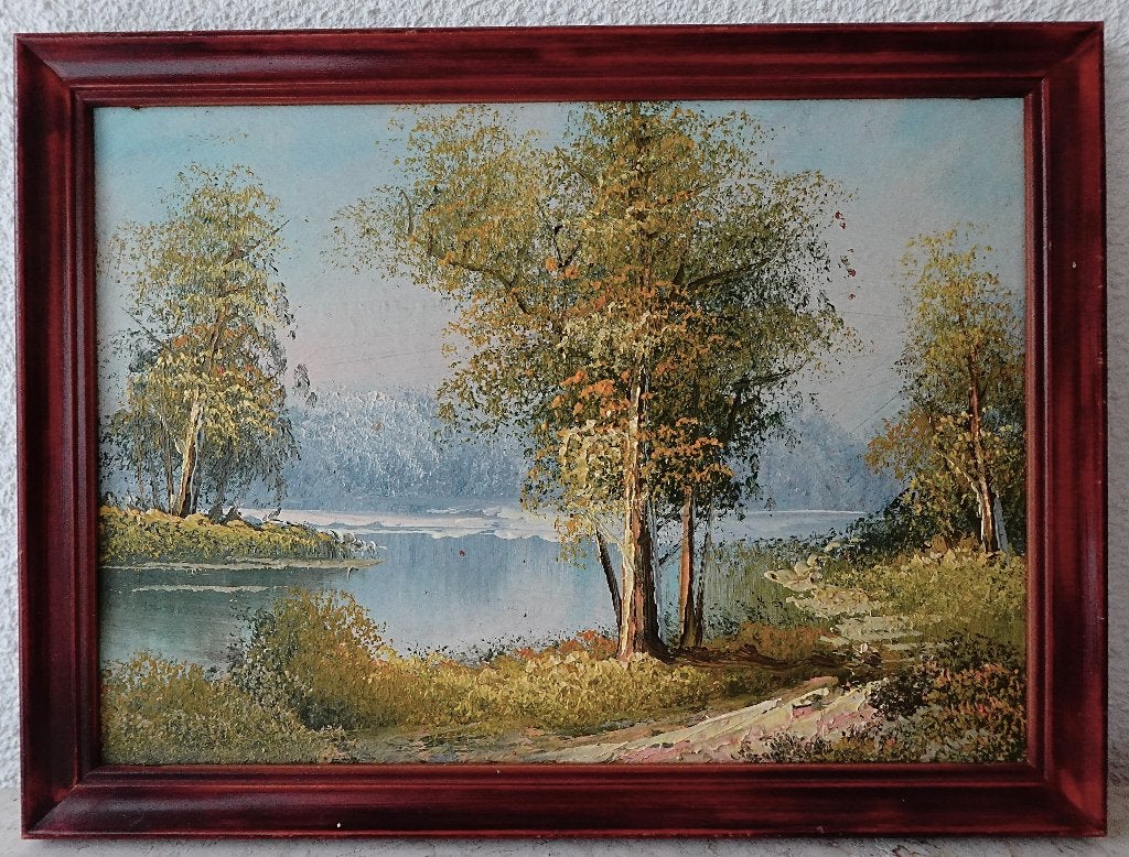 Schilderij bomen en water Scandinavië ?, Ophalen of Verzenden, Realistisch, Olieverf, Landschap