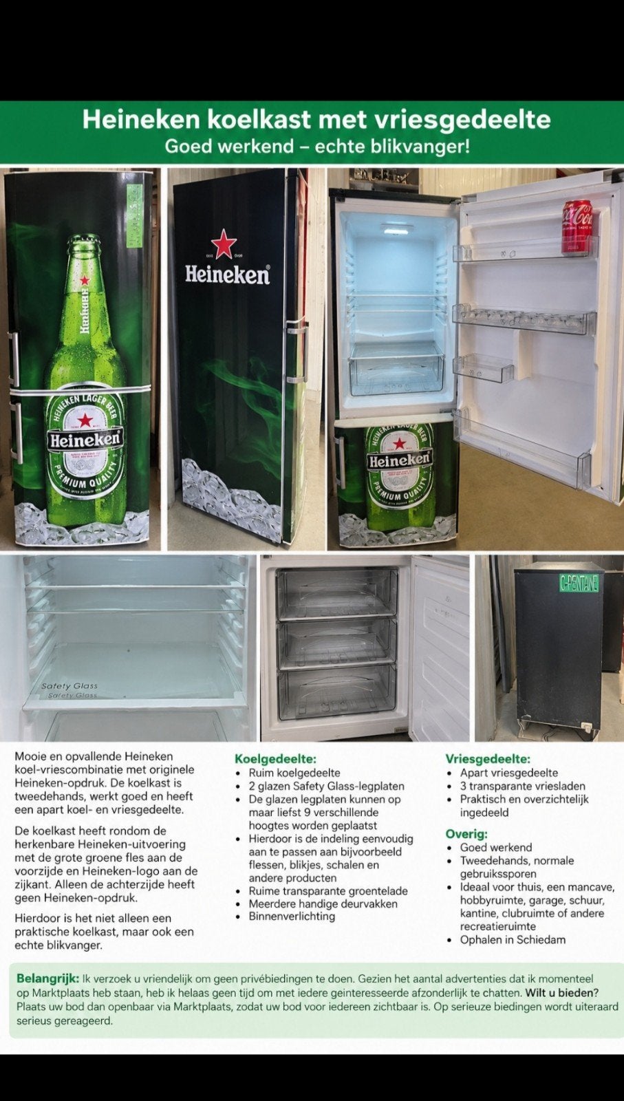 Heineken Koelkast met Vriesvak - Blikvanger voor elke ruimte, 200 liter of meer, Ophalen, Met aparte vriezer, 160 cm of meer