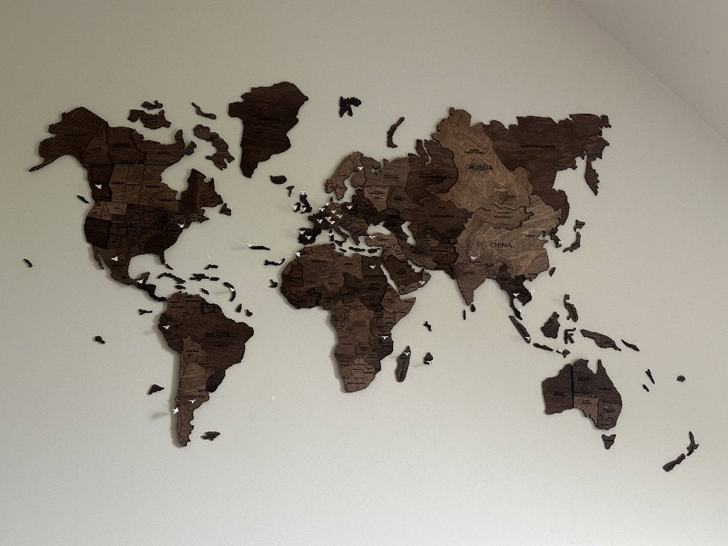 Houten Wereldkaart 3D - Dark Walnut (Maat L), Hout, Zo goed als nieuw, Bruin, Wandbord of Wandpaneel