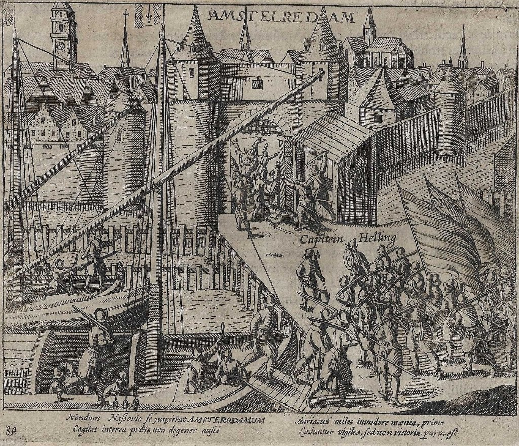 Poging om Amsterdam in te nemen, 1577 Baudartius kopergravur, Antiek en Kunst, Militair, Gravure, Met tekst, 13 cm