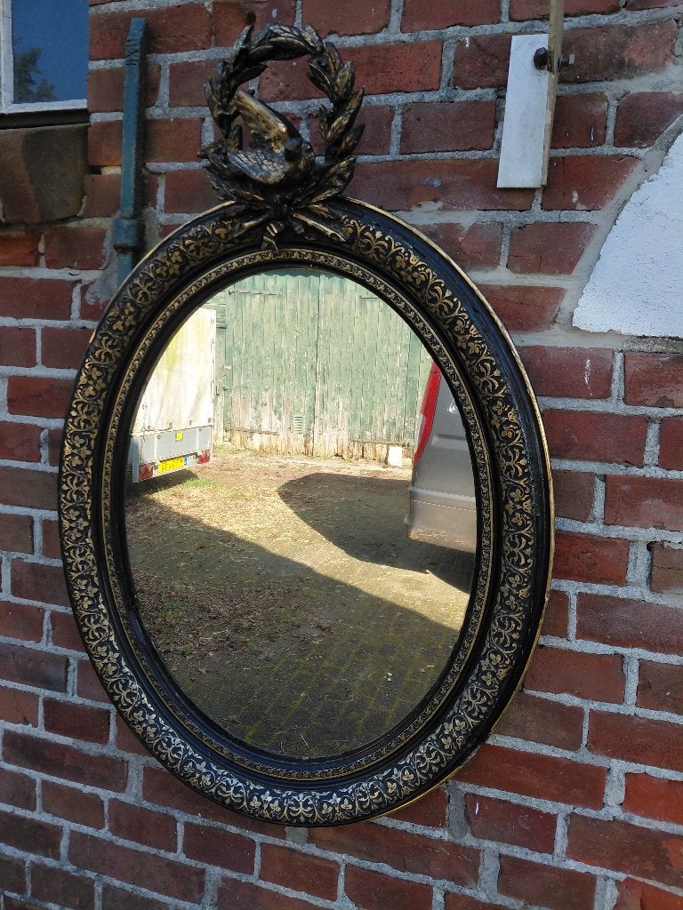 Franse 19e eeuwse ovale kuifspiegel met vogel., Antiek en Kunst, Ophalen, Ovaal, 50 tot 100 cm, Minder dan 100 cm