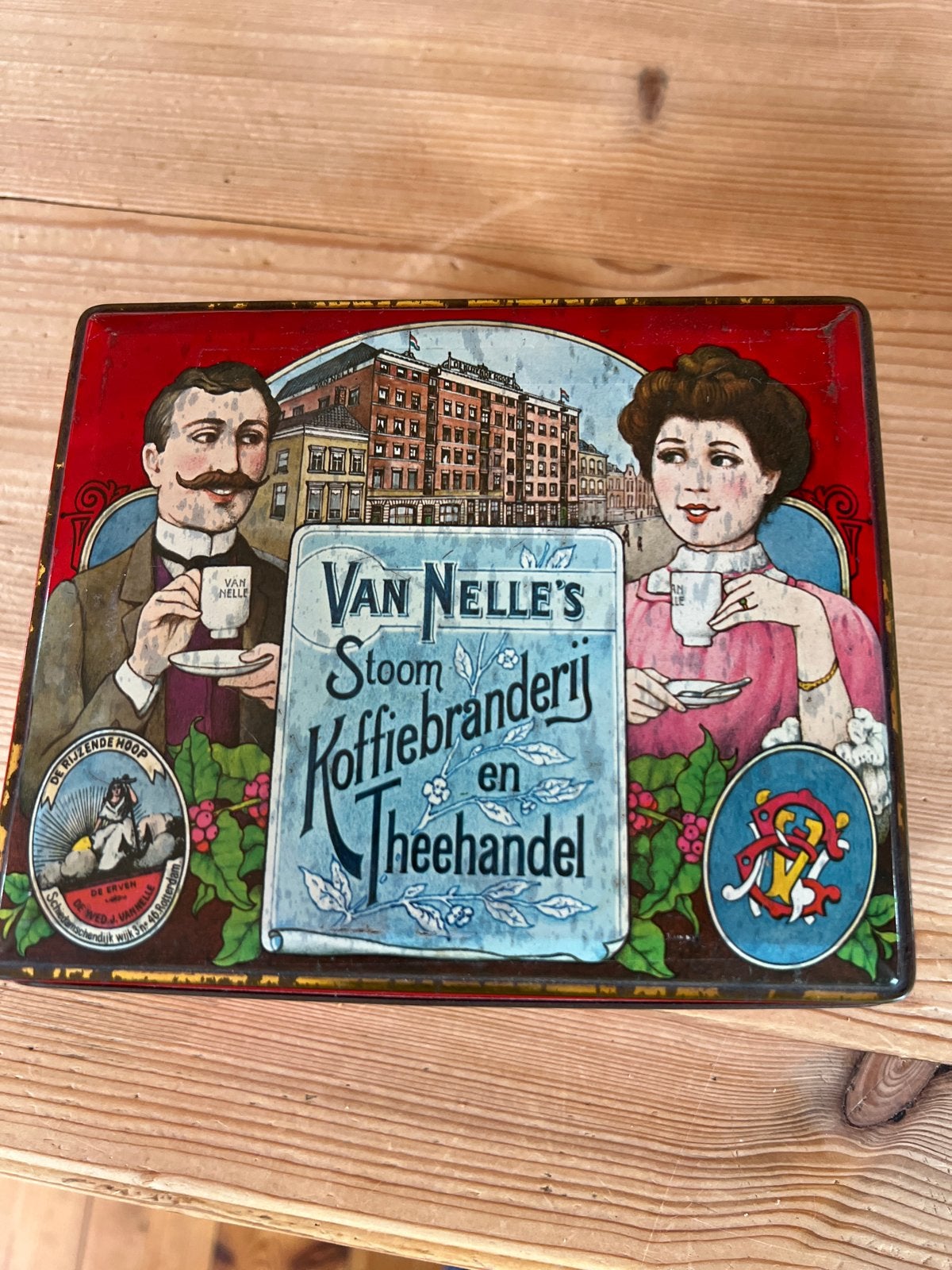 Vintage Van Nelle's Koffie en Thee Blik - De Rijzende Hoop, Verzamelen, Ophalen of Verzenden, Gebruikt, Koffie, Van Nelle