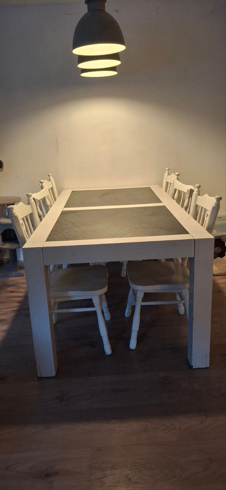 tafel van massief hout en grijze stenen platen, Huis en Inrichting, Ophalen, Gebruikt, 200 cm of meer, 50 tot 100 cm