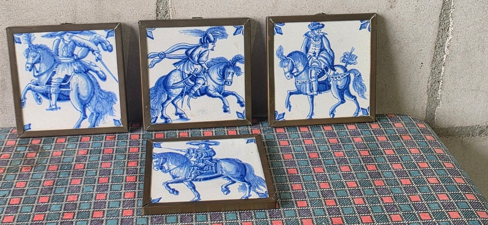 Antieke Delfts Blauwe Tegels met Ruiters (Set van 4), Ophalen of Verzenden