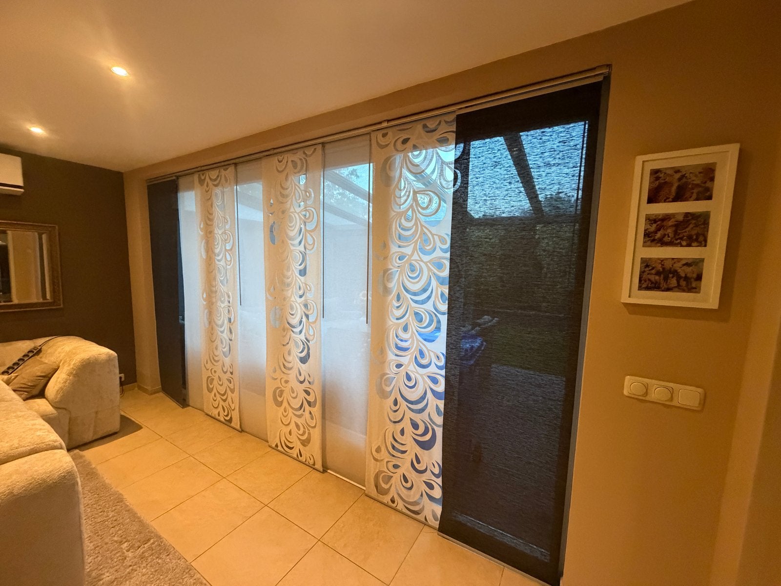 Paneelgordijnen met patroon - 7 stuks 3 rails systeem, Ophalen, Gebruikt, Wit, Lichtdoorlatend