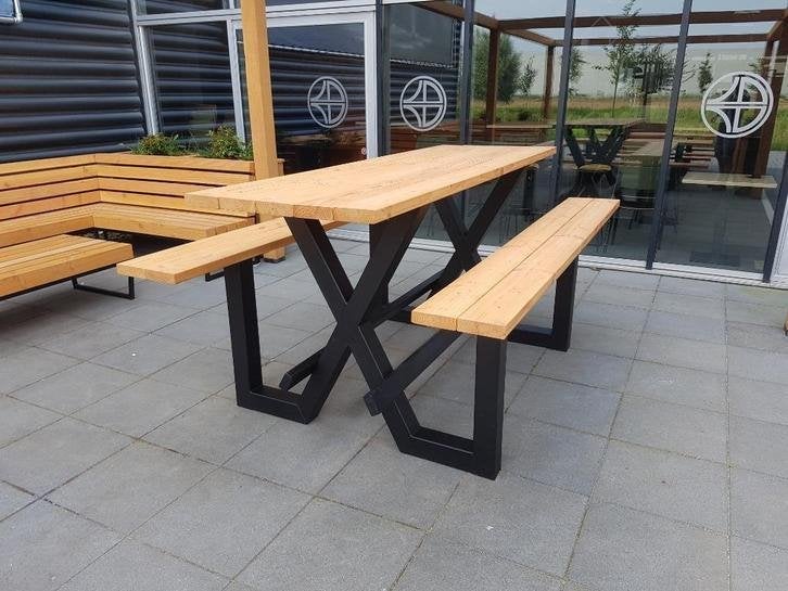 Picknicktafel bartafel staal douglas/lariks hout. X frame, Niet ingevuld, Niet ingevuld, Nieuw, Ophalen of Verzenden