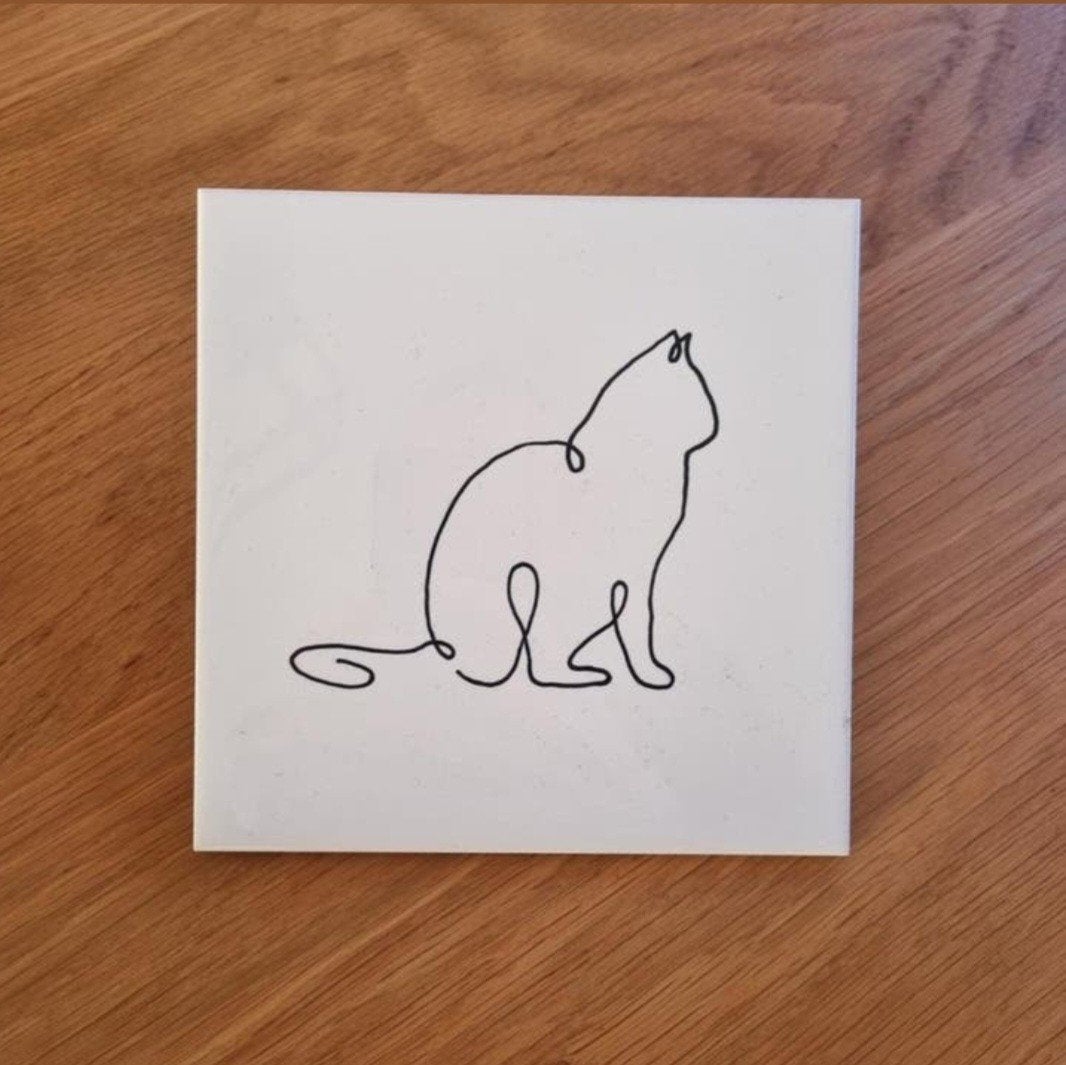 Tegeltje lijntekening lijn tekening zittende kat poes cat, Ophalen of Verzenden