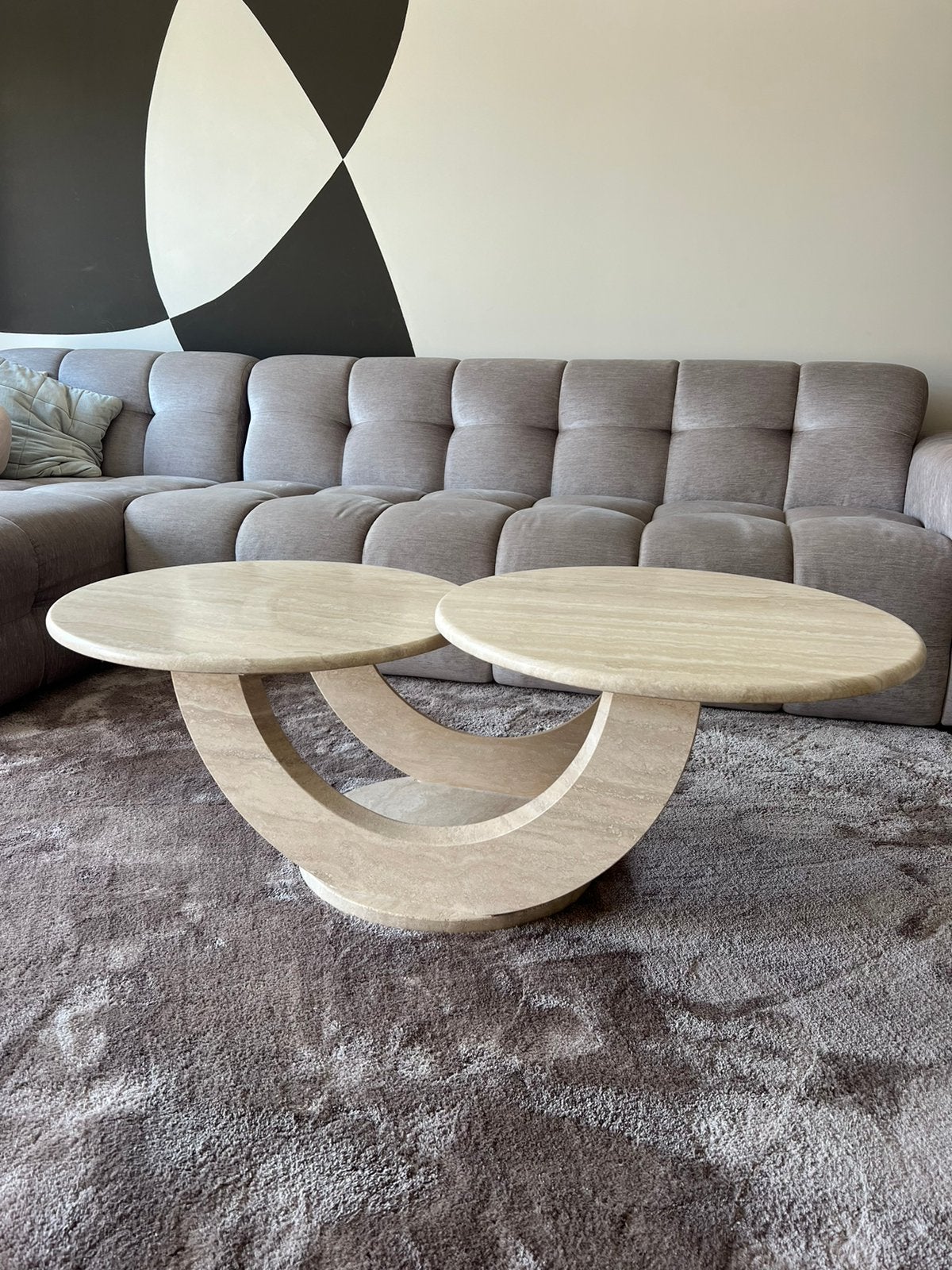 Prachtige vintage travertine salontafel, Ophalen, 100 tot 150 cm, Rond, 50 tot 100 cm