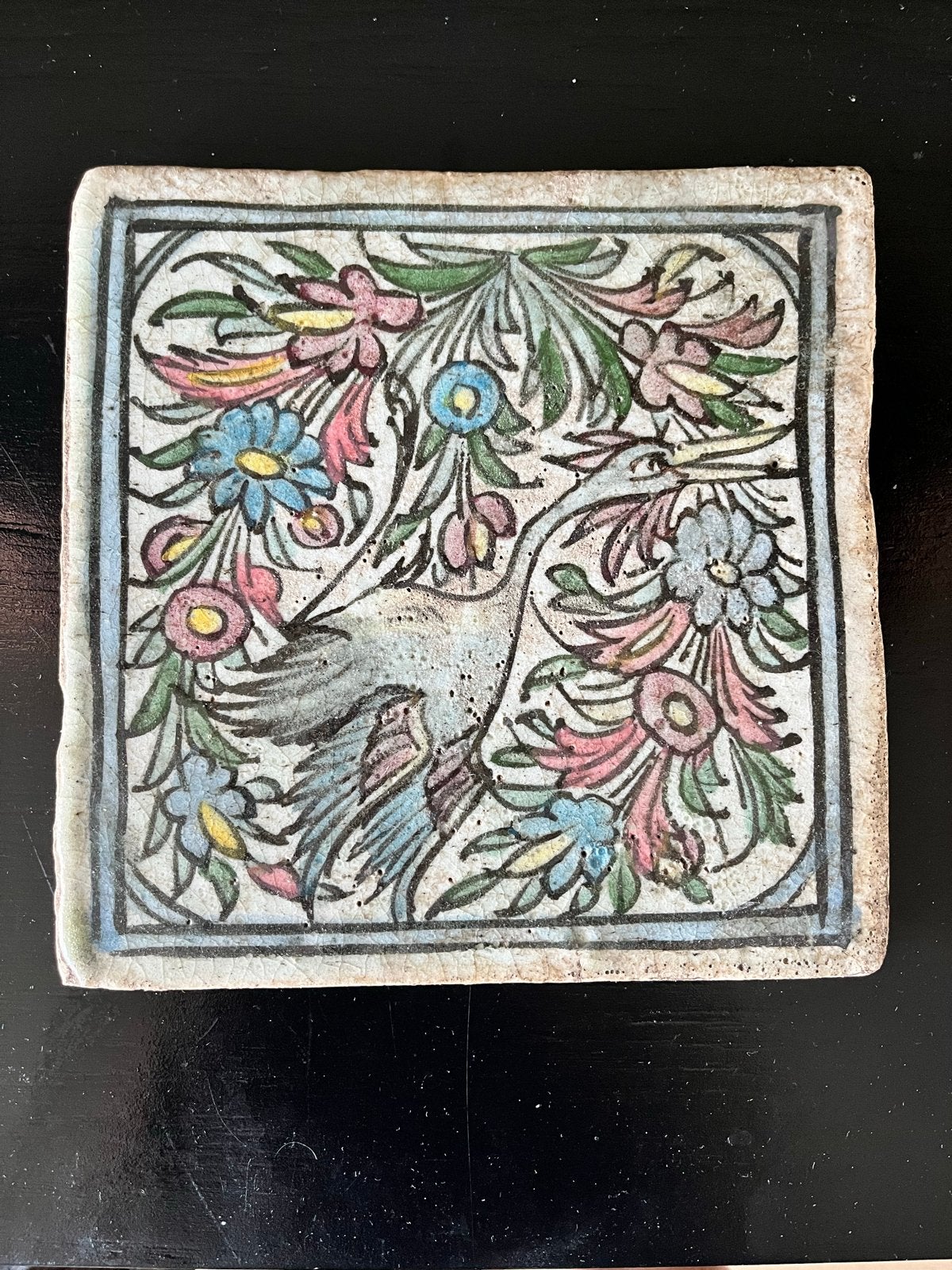 Antieke Perzische qajar tegel met vogel en bloemmotief, Antiek en Kunst, Ophalen of Verzenden