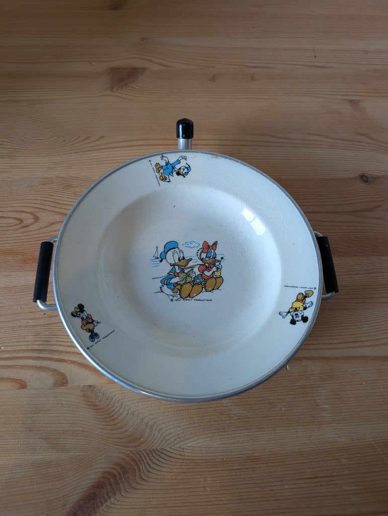 Vintage Disney warmhoudbordje - Donald Duck, Mickey & Minnie, Verzamelen, Disney, Ophalen, Donald Duck, Gebruikt, Beeldje of Figuurtje