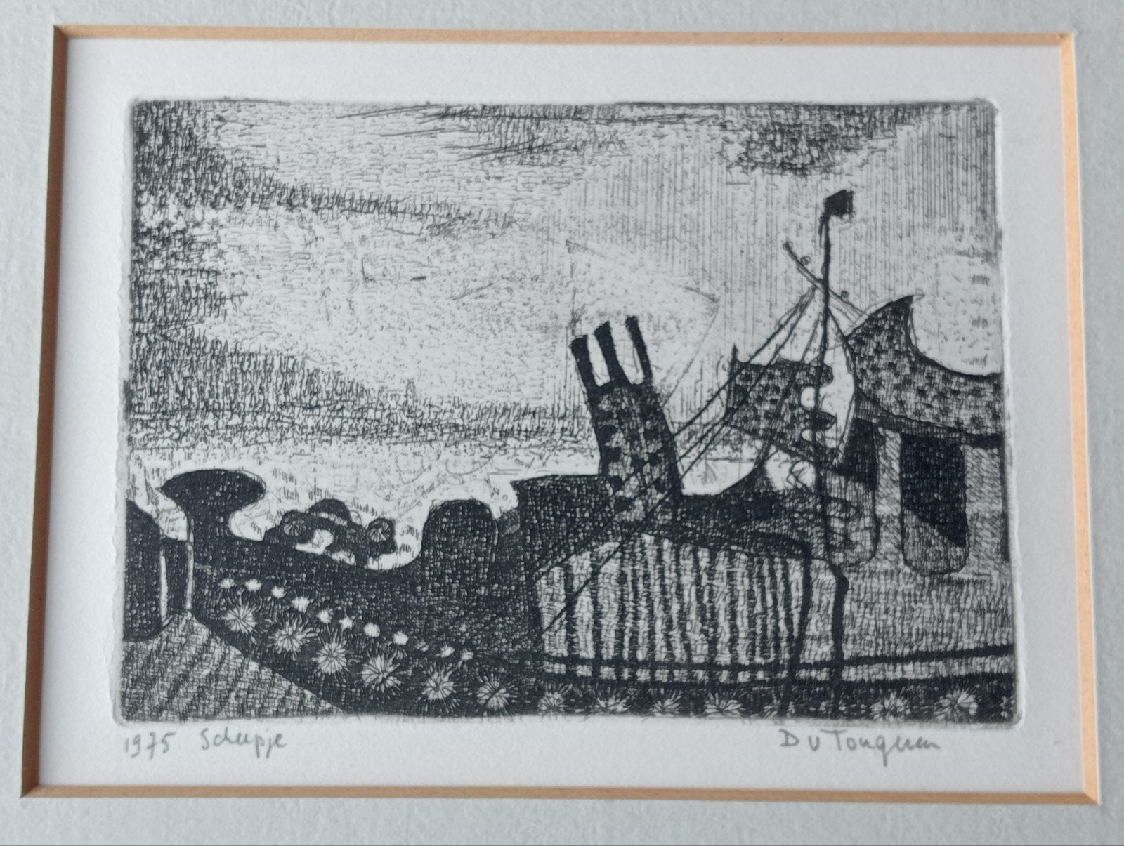 Dineke van Tongeren Ets 'Scheepje' 1975, Antiek en Kunst, Ophalen of Verzenden