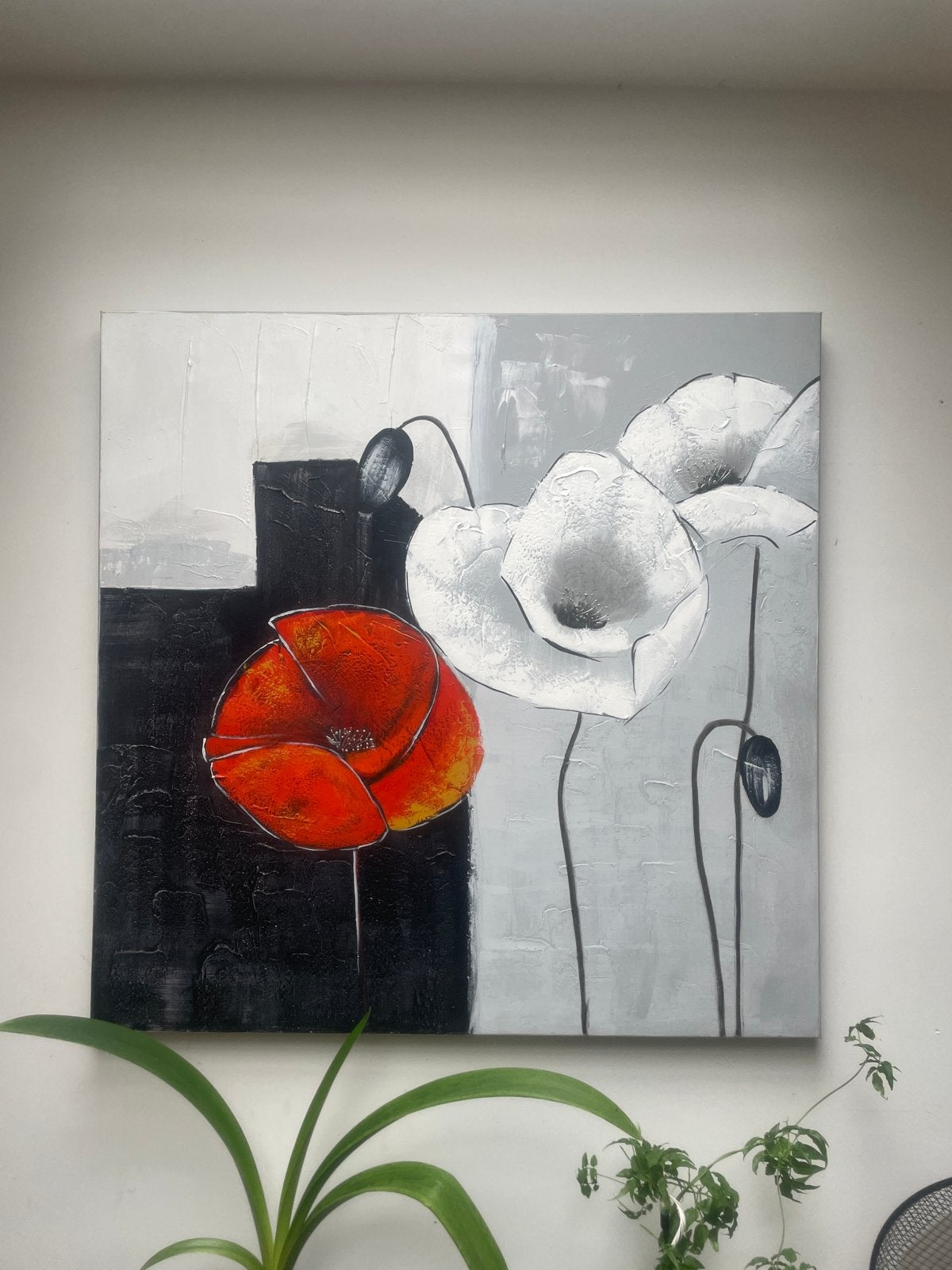 Modern schilderij met klaprozen - Rood, wit, zwart, Handgeschilderd, Olieverf, Ophalen, Bloemen