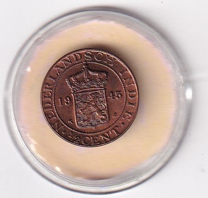 Ned. Indie 1/2 Cent 1945 PP Prachtig met diverse muntkleuren, Verzenden, Zilver, Overige waardes, Koningin Wilhelmina
