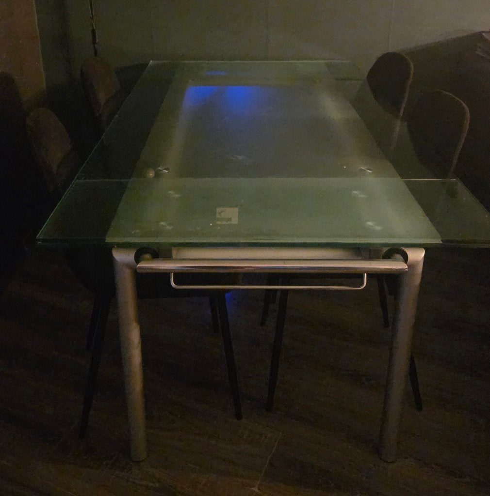 Uitschuifbare eettafel incl. 4 stoelen, Ophalen, Gebruikt, 50 tot 100 cm, Glas