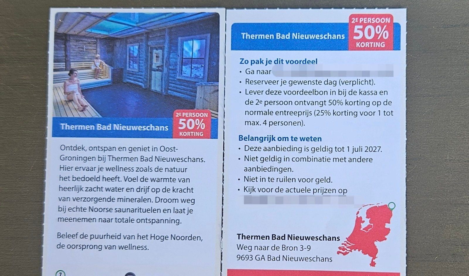 Sauna Thermen Bad Nieuweschans 2e persoon 50% korting., Tickets en Kaartjes, Kortingen en Cadeaubonnen