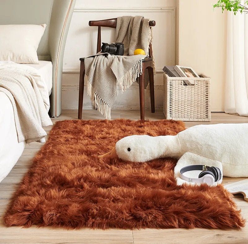 Bruin Rechthoekig Pluche Hoogpolig Vloerkleed Kleed Tapijt, Bruin, Verzenden, Nieuw, 50 tot 100 cm