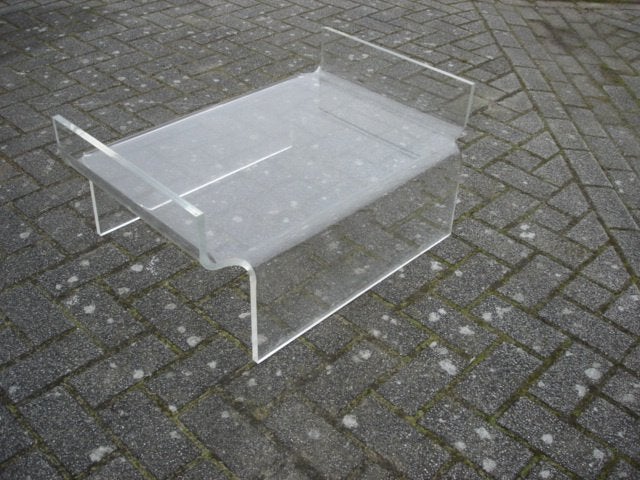 Vintage salontafel jaren 70 plexiglas/ glazen blad, Ophalen, Gebruikt, 100 tot 150 cm, 50 tot 100 cm
