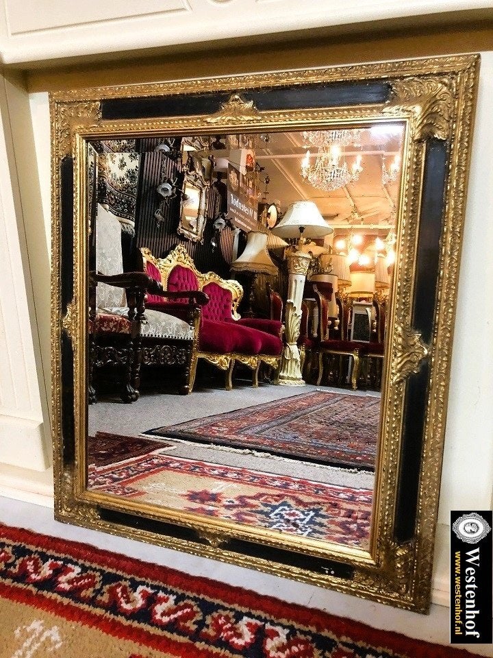 Spiegel klassiek - antieke barok goud met zwart, Gebruikt, Ophalen of Verzenden, Minder dan 100 cm, Rechthoekig