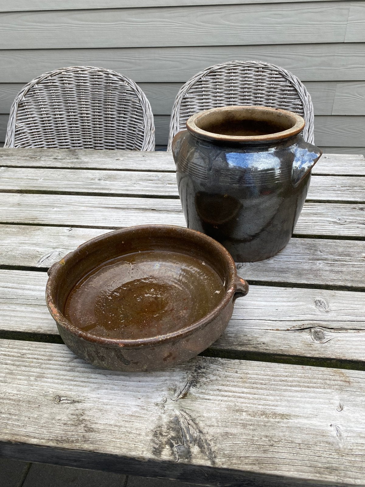 Keulse pot en schaal brocante landelijk, Rond, Zo goed als nieuw, Minder dan 40 cm, Aardewerk
