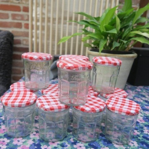 Confituurpotjes vichy rood-roze 2 voor 1€, Ophalen of Verzenden