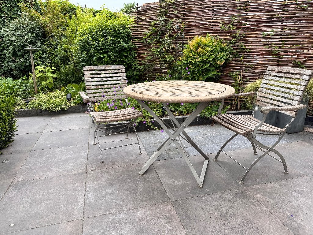 tuinset hardhout met metaal, Tuin en Terras, Tuinstoelen, Ophalen, Gebruikt, Teakhout, Inklapbaar