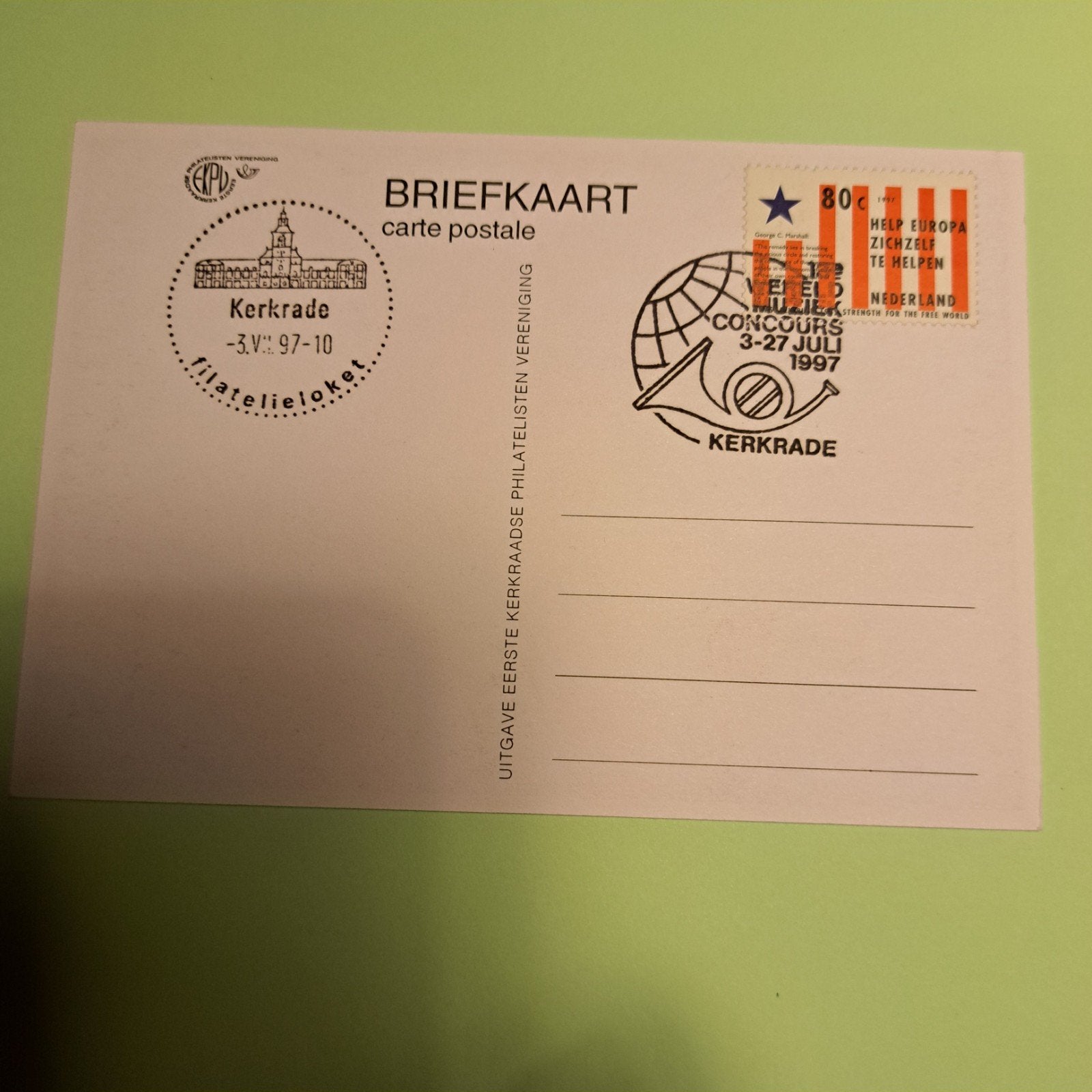 Briefkaart Wereld Muziek Concours Kerkrade 1997, Ophalen of Verzenden, Briefkaart