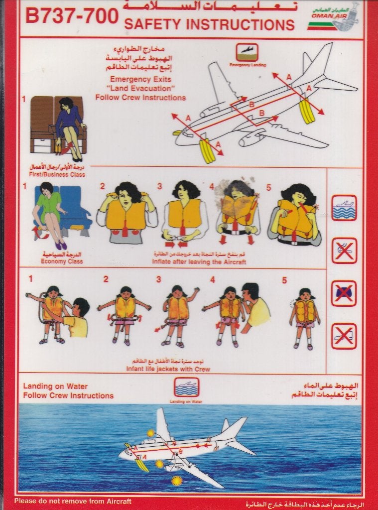 Safetycard Oman Air Boeing B737-700, Ophalen of Verzenden, Gebruikt, Kaart, Foto of Prent