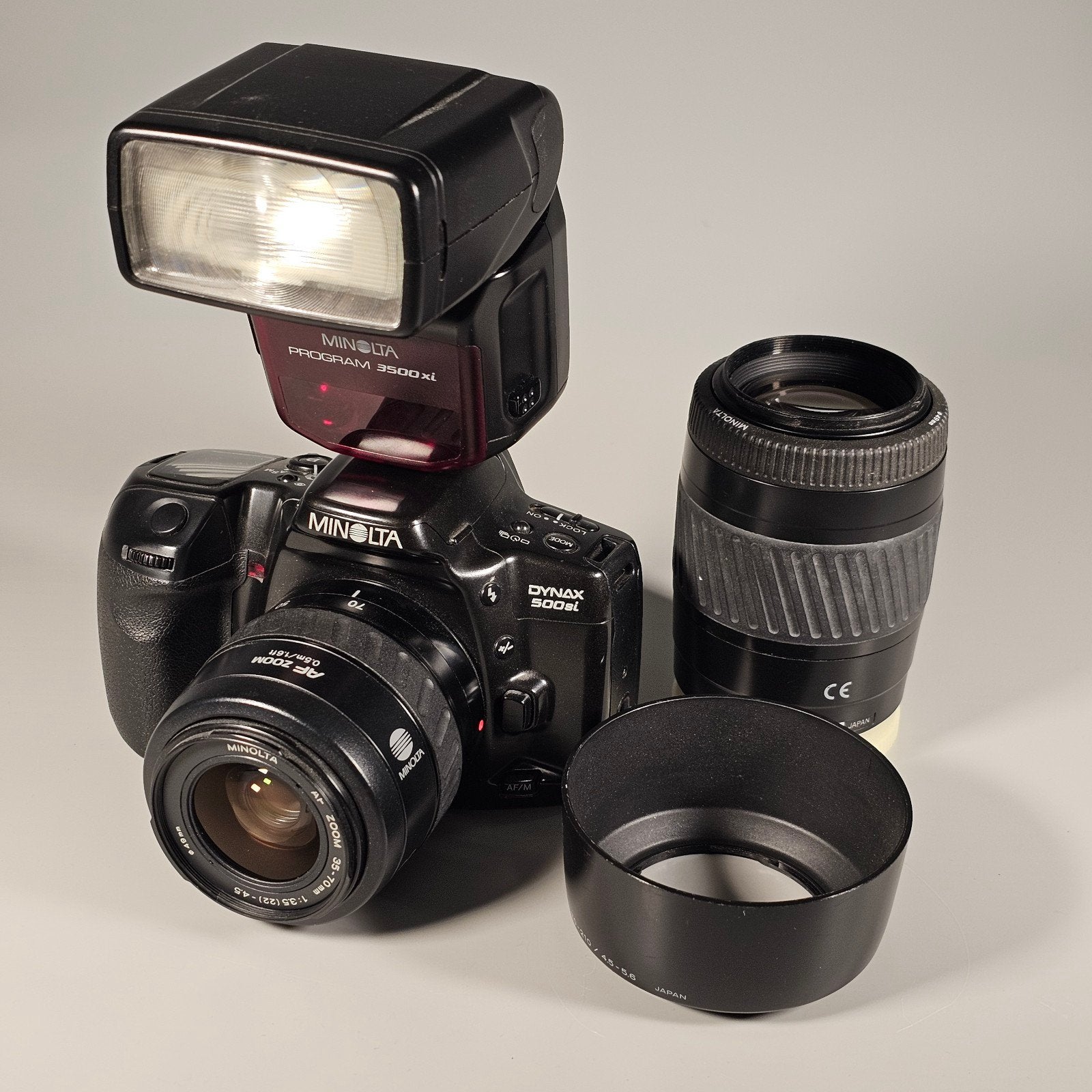 Minolta Dynax 500si SLR met 2 lenzen en flits, Ophalen of Verzenden, Gebruikt, Spiegelreflex, Minolta