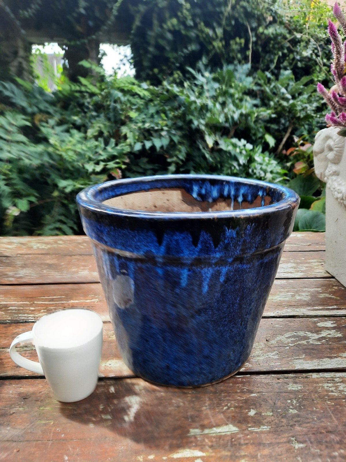 prachtige grote blauw geglazuurde aardewerk bloempot dia 30, Tuin en Terras, Rond, Zo goed als nieuw, Minder dan 40 cm, Aardewerk