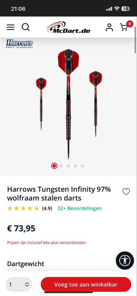 Harrows darts set 3 pijlen!, Sport en Fitness, Darts, Ophalen of Verzenden, Zo goed als nieuw, Pijlen