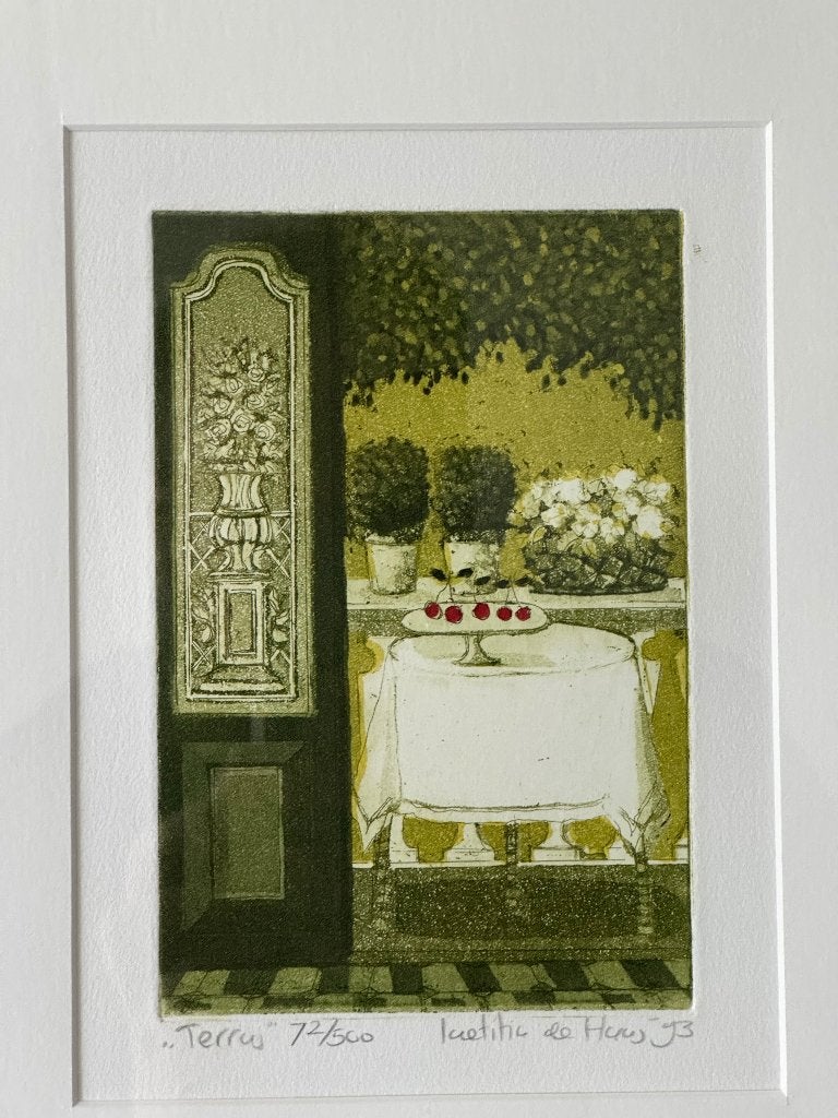 Schilderij Terras (1993) Laetitia de Haas, Ophalen, Dagelijks leven, Genummerd, 1950 - 1999