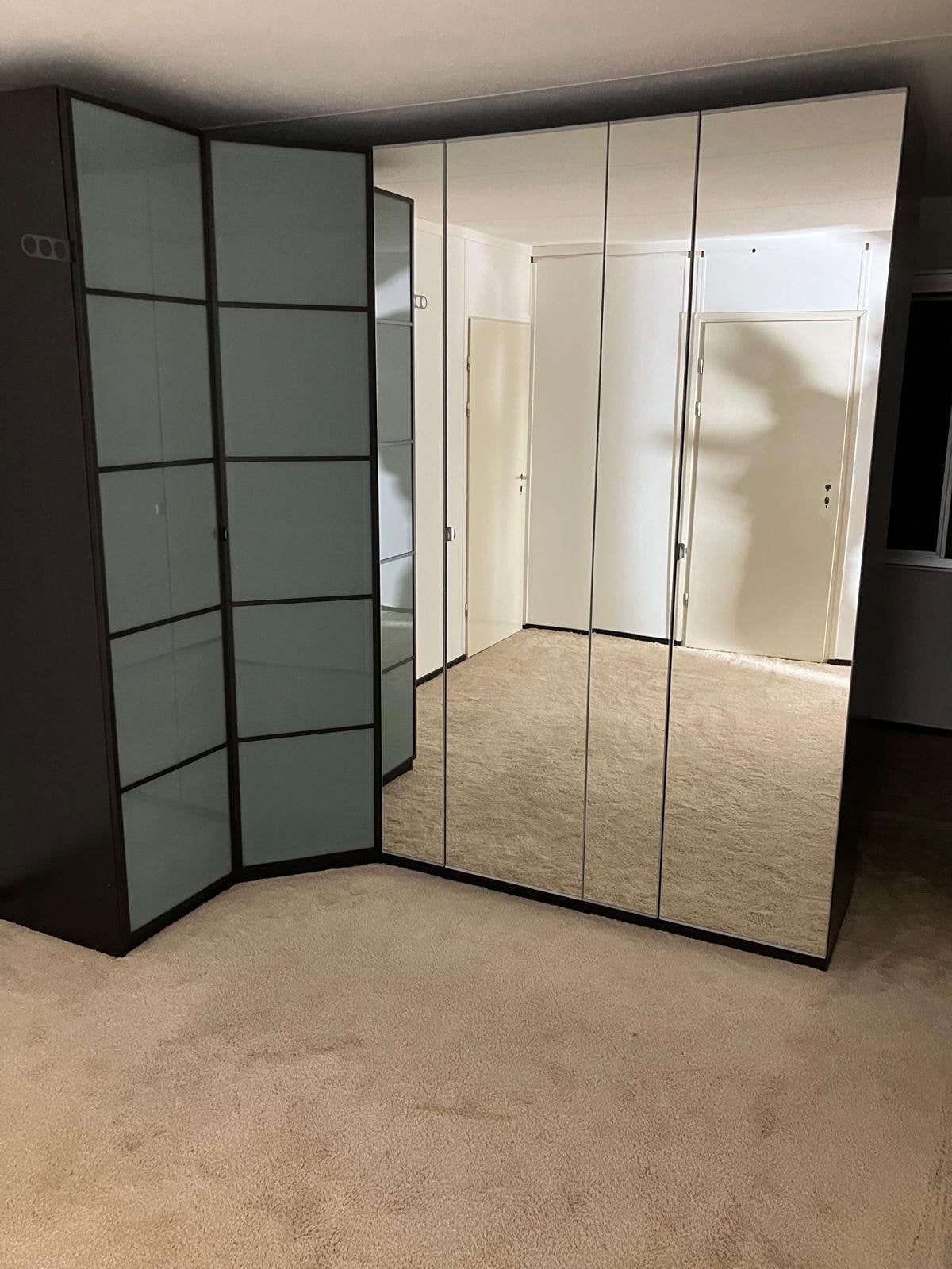 IKEA pax hoekkledingkast met spiegel en glazen deuren, Ophalen, Gebruikt, 200 cm of meer, Met lade(s)