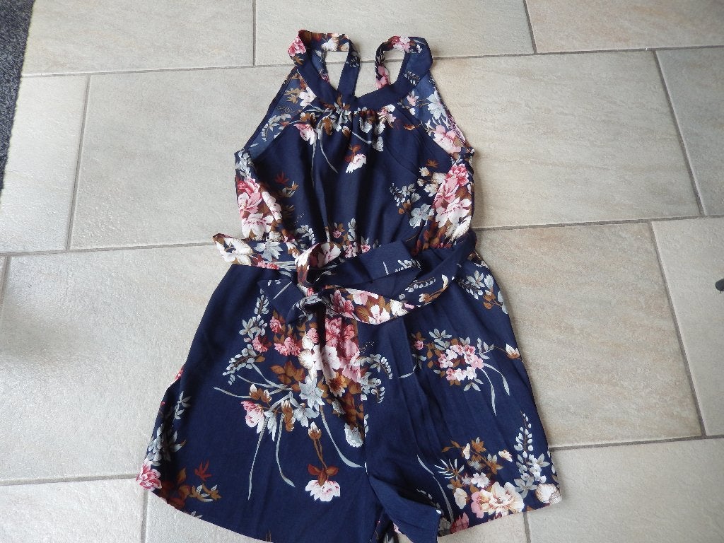 Donkerblauwe Jumpsuit met Bloemenprint en Ceintuur - Maat S, Overige kleuren, Ophalen of Verzenden, Zo goed als nieuw, Maat 36 (S)