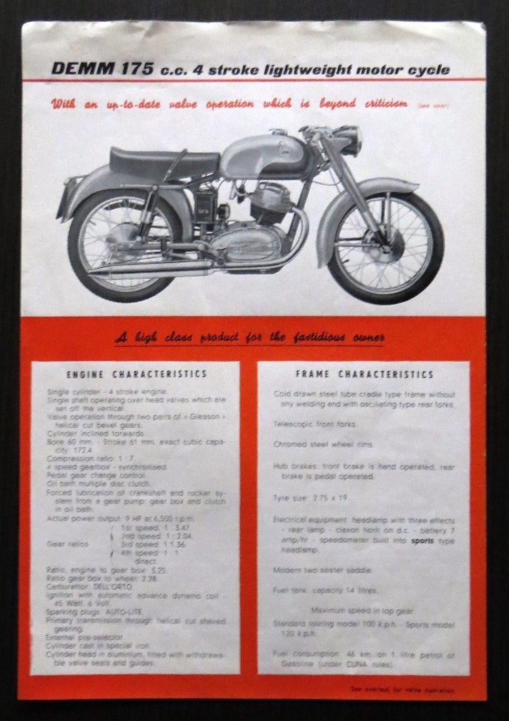 Flyer DEMM 175 cc 4-takt - 1957 - 2 blz (Engels), Verzenden, Overige merken