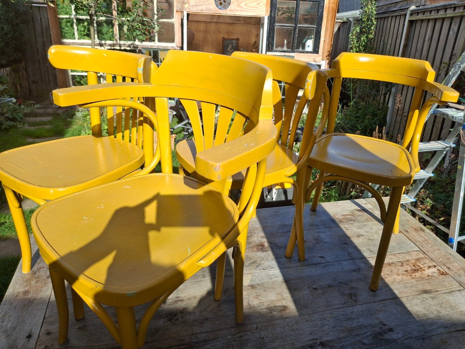 4 gele Thonet-stijl stoelen, Ophalen, Gebruikt, Overige kleuren, Thonet-stijl