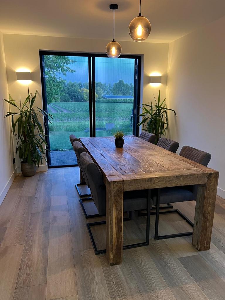 Houten eettafel met 6 stoelen, Ophalen, Gebruikt, 50 tot 100 cm, Vijf personen of meer