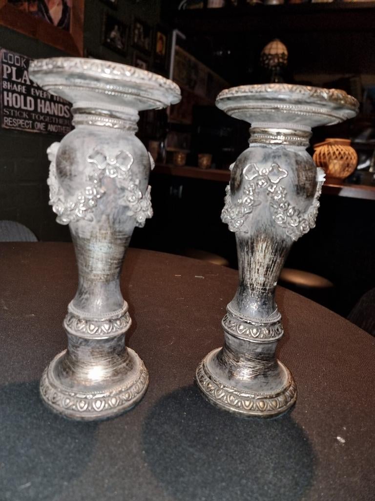 Set van 3 Kandelaars - Kunststof - 24cm Hoog, Antiek en Kunst, Ophalen of Verzenden, Zilver