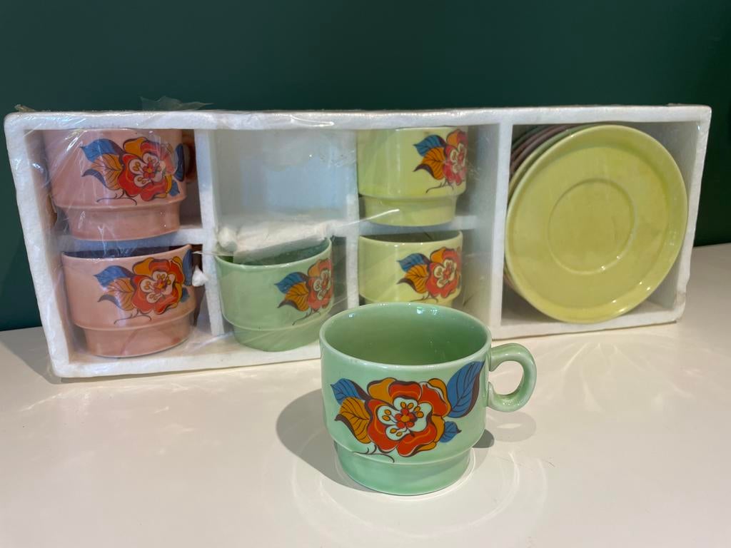 Vintage set van 6 kop en schotels Weidmann Italie in pastel, Ophalen, Zo goed als nieuw, Overige stijlen, Kop(pen) en/of Schotel(s)