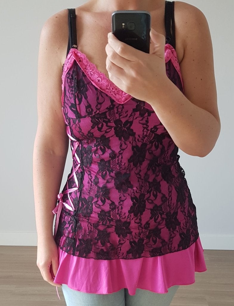 Roze en zwart kanten nachtjapon L, Kleding | Dames, Pabo, Verzenden, Nieuw, Maat 42/44 (L)