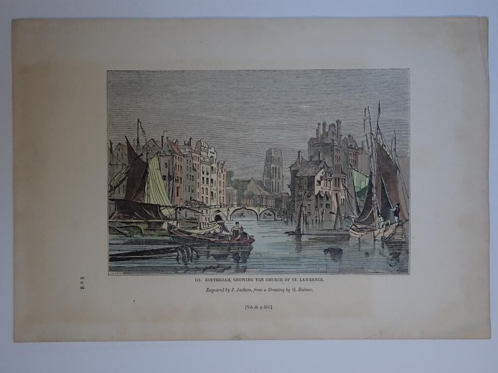 staalgravure Rotterdam haven Laurenskerk J.Jackson 19e eeuw, Antiek en Kunst, Kunst | Etsen en Gravures, Verzenden, Gravure, Origineel