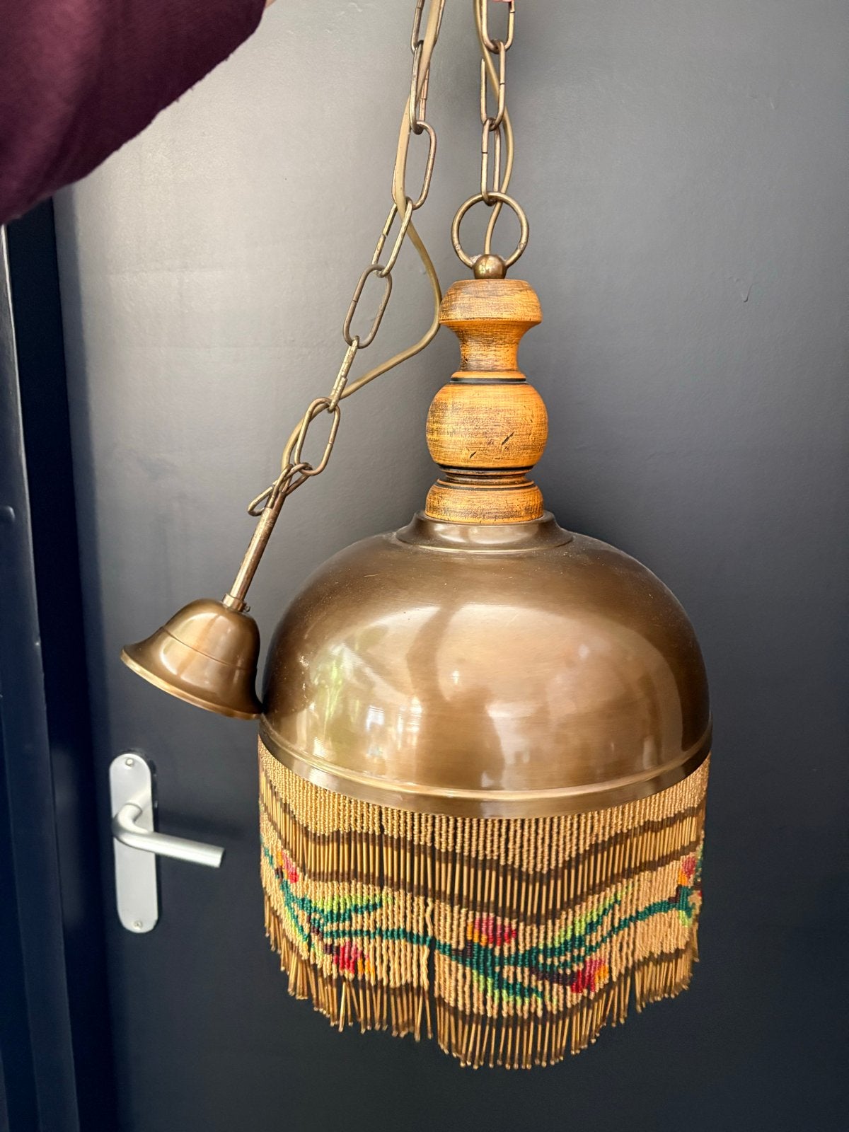 Vintage Oosterse Hanglamp met Kralen en Houten Details, Ophalen