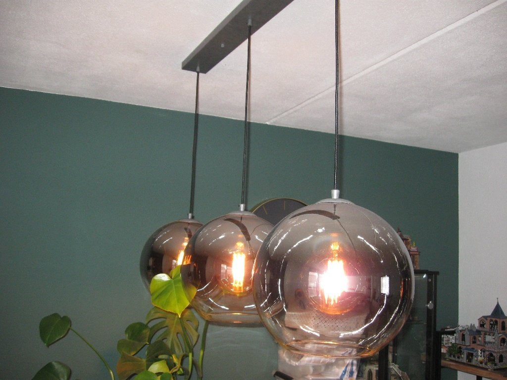 tafellamp drie grote glazen bollen, Ophalen, Dimbaar, E27 (groot), Zo goed als nieuw